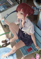 Rule 34 | 1girl, absurdres, barefoot, black skirt, bottle, breasts, brown footwear, cellphone, cleavage, commentary request, diagonal-striped clothes, diagonal-striped necktie, feet, flower, food, freezer, glass bottle, hair bun, heterochromia, highres, holding, holding bottle, hololive, houshou marine, ice cream, knee up, legs, loafers, medium breasts, midriff, morning glory, necktie, on bench, parted lips, phone, pink flower, pleated skirt, rasa k, red eyes, red hair, ribbon, school uniform, shirt, shoes, sitting, skirt, soaking feet, socks, soda, soda bottle, solo, striped clothes, sweat, tied shirt, toenails, toes, unworn shoes, unworn socks, virtual youtuber, washbowl, washing feet, white shirt, white socks, wrist ribbon, yellow eyes