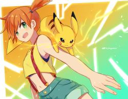 Rule 34 | 1girl, artist name, commentary request, creatures (company), electricity, eyelashes, fingernails, game freak, gen 1 pokemon, green eyes, hair tie, jiyuu (xjuyux), looking to the side, misty (pokemon), nintendo, open mouth, orange hair, pikachu, pokemon, pokemon (anime), pokemon (classic anime), pokemon (creature), pokemon on arm, short hair, shorts, side ponytail, suspender shorts, suspenders, tank top, teeth, tongue, upper teeth only, yellow tank top