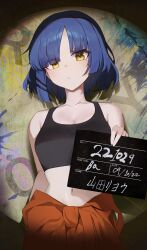 Rule 34 | 1girl, absurdres, bare shoulders, black tank top, blue hair, bocchi the rock!, breasts, cleavage, closed mouth, collarbone, commentary, crop top, highres, holding, holding sign, jumpsuit, jumpsuit around waist, medium breasts, midriff, mole, mole under eye, mugshot, mural, n8 (buse1601), navel, orange jumpsuit, short hair, sign, solo, spotlight, stomach, tank top, upper body, yamada ryo, yellow eyes