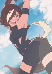 Rule 34 | 1girl, :d, absurdres, animal ears, armpits, arms up, bare shoulders, blue sky, blush, brown eyes, brown hair, cloud, commentary request, cosplay, day, hair over one eye, highres, horizon, horse ears, horse girl, horse tail, hot limit, idolmaster, idolmaster cinderella girls, long hair, maru (hachi 47923), multicolored hair, nishikawa takanori, nishikawa takanori (cosplay), ocean, oohashi ayaka, open mouth, outdoors, shimamura uzuki, sky, smile, solo, standing, streaked hair, t.m.revolution, tail, two-tone hair, umamusume, v-shaped eyebrows, very long hair, vodka (umamusume), voice actor connection, water, white hair