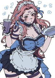 Rule 34 | 1girl, apron, arms up, black choker, blue bow, blue ribbon, bow, breasts, chest bow, chest tattoo, choker, cleavage, collarbone, commentary, contrapposto, cowboy shot, curtained hair, dress, drink, drinking straw, extra eyes, eyelashes, facial tattoo, forehead, frilled choker, frilled dress, frilled skirt, frilled wrist cuffs, frills, genderswap, genderswap (mtf), hair ribbon, heart, heart print, highres, holding, holding drink, holding plate, jujutsu kaisen, large breasts, leg tattoo, light blush, long hair, looking at viewer, maid, maid apron, maid headdress, mesuki peropero, plate, raised eyebrow, red eyes, red hair, ribbon, ryoumen sukuna (jujutsu kaisen), shoulder tattoo, skirt, solo, tattoo, white background, wrist cuffs