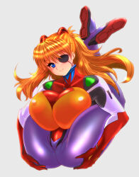 Rule 34 | 1girl, alternate breast size, aqua eyes, ass, ass grab, bodysuit, breasts, brown hair, evangelion: 3.0 you can (not) redo, eyepatch, flexible, floating, floating hair, full body, grabbing own ass, gradient background, huge breasts, large breasts, looking at viewer, neon genesis evangelion, plugsuit, rebuild of evangelion, red bodysuit, sawano kiyoshi, shiny clothes, simple background, smile, solo, souryuu asuka langley, two side up