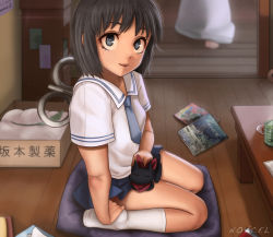Rule 34 | 2girls, animal, animal on lap, arm support, artist name, black cat, black hair, blouse, blue eyes, blue necktie, blue skirt, book, box, cat, cat on lap, closed mouth, coffee table, collared shirt, cookie, feet, female focus, food, hand on foot, hands on feet, indoors, kneeling, lab coat, looking at viewer, magazine (object), multiple girls, necktie, nichijou, no shoes, novcel, on floor, on lap, open book, out of frame, pet, pillow, plate, pleated skirt, professor shinonome, red scarf, sakamoto (nichijou), scarf, school uniform, serafuku, shinonome nano, shirt, short hair, short sleeves, skirt, sleeping, smile, socks, solo focus, table, tissue box, tokisadame school uniform, uniform, white legwear, white shirt, winding key, wooden floor