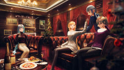 Rule 34 | 4girls, absurdres, alcohol, alternate costume, azur lane, black legwear, blue eyes, blue hair, blue sweater, blurry, blurry foreground, breasts, brown skirt, brown sweater, camisole, candle, chair, champagne (azur lane), champagne flute, christmas, christmas tree, couch, crossed legs, cup, curtains, drinking glass, fork, gascogne (azur lane), hand in own hair, hand on own cheek, hand on own face, highres, holding, holding cup, indoors, jean bart (azur lane), kofi59652451, light brown hair, long hair, medium breasts, miniskirt, multicolored hair, multiple girls, orange hair, painting (object), pants, pantyhose, plate, pleated skirt, ponytail, purple sweater, red curtains, red eyes, richelieu (azur lane), round table, shirt, short hair, sitting, skirt, spoon, standing, streaked hair, striped clothes, striped shirt, sweater, table, tank top, two-tone hair, very long hair, white camisole, white skirt, white sweater, yellow eyes