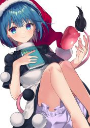 Rule 34 | 1girl, bad id, bad twitter id, bare arms, black capelet, black dress, blob, bloomers, blue eyes, blue hair, blush, book, bookmark, breasts, capelet, closed mouth, commentary, crescent moon, doremy sweet, dream soul, dress, eyelashes, fingernails, from side, hat, highres, holding, holding book, looking at viewer, medium breasts, moon, multicolored clothes, multicolored dress, night, night sky, nightcap, pom pom (clothes), red hat, sakaki (utigi), short hair, simple background, sky, smile, solo, star (symbol), tail, tapir tail, touhou, underwear, white background, white dress
