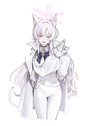 Rule 34 | 1girl, absurdres, akira (blue archive), animal ears, belt, blue archive, blush, gloves, halo, highres, long hair, long sleeves, mark jin, pants, pink eyes, pink halo, simple background, standing, white background, white belt, white gloves, white hair, white pants