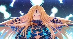 Rule 34 | 1girl, abigail williams (fate), abigail williams (second ascension) (fate), artist request, bare shoulders, black bow, blonde hair, blush, bow, breasts, fate/grand order, fate (series), forehead, key, keyhole, long hair, looking at viewer, multiple bows, nipples, open mouth, orange bow, outstretched arms, parted bangs, polka dot, polka dot bow, red eyes, small breasts, solo, space, spread arms, staff, star (sky)