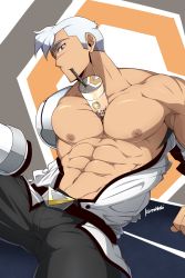 Rule 34 | 1boy, abs, absurdres, bara, bare pectorals, black pants, bubble tea, bubble tea challenge, cup, detached arm, disposable cup, drinking, drinking straw, highres, jacket, kuroshinki, large pectorals, looking at viewer, male focus, muscular, muscular male, navel, nipples, open clothes, open jacket, pants, pectorals, prosthesis, prosthetic arm, scar, scar on face, scar on nose, short hair, sideburns, solo, takashi shirogane, voltron: legendary defender, voltron (series), white hair, white jacket