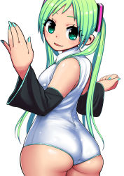 Rule 34 | 1girl, :d, aqua eyes, aqua hair, ass, blush, breasts, detached sleeves, from behind, green hair, hair ornament, hatsune miku, highres, jouyama yui, leotard, long hair, looking back, medium breasts, nail polish, open mouth, plump, porosuke, simple background, smile, solo, standing, swimsuit, twintails, very long hair, vocaloid, wide sleeves