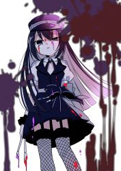 Rule 34 | 1girl, alina gray, ayumaru (art of life), black bow, black hat, black necktie, black thighhighs, black vest, blood, blood on face, blood splatter, blunt ends, bow, brooch, chain, collar, cross tie, detached collar, fishnet thighhighs, fishnets, fur-trimmed thighhighs, fur cuffs, fur trim, garter straps, hair between eyes, hat, highres, jewelry, lapels, long hair, magia record: mahou shoujo madoka magica gaiden, magical girl, mahou shoujo madoka magica, miniskirt, multicolored hair, necktie, notched lapels, peaked cap, pleated skirt, puffy short sleeves, puffy sleeves, see-through, see-through sleeves, short sleeves, sidelocks, skirt, sleeve cuffs, solo, straight hair, streaked hair, striped clothes, striped skirt, thighhighs, v-neck, vertical-striped clothes, vertical-striped skirt, very long hair, vest, waist bow, white collar, white sleeves