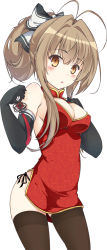 Rule 34 | 10s, 1girl, amagi brilliant park, antenna hair, bare shoulders, black thighhighs, blush, bow, breasts, brown eyes, brown hair, china dress, chinese clothes, chiyami, cleavage, cowboy shot, dress, elbow gloves, female focus, gloves, hair bow, hair up, highres, large breasts, long hair, looking at viewer, no bra, panties, ponytail, sento isuzu, short dress, side-tie panties, simple background, solo, thighhighs, underwear, white background