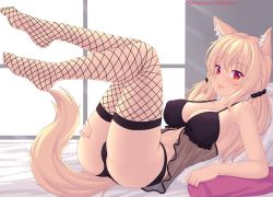 Rule 34 | 1girl, animal ear fluff, animal ears, arm support, ass, bare shoulders, bed, black panties, blonde hair, breasts, cameltoe, cat ears, cat tail, collarbone, covered erect nipples, fishnet thighhighs, fishnets, highres, knees up, large breasts, legs up, lingerie, long hair, looking at viewer, lying, no shoes, nottytiffy, on back, original, panties, patreon username, pillow, red eyes, see-through, slit pupils, smile, solo, tail, thigh grab, thighhighs, thighs, tiffy (nottytiffy), tongue, tongue out, underwear, watermark, web address, window