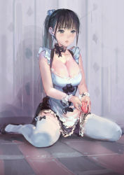 Rule 34 | 1girl, bad id, bad pixiv id, black eyes, black hair, blush, bow, breasts, choker, cleavage, female focus, hair bobbles, hair ornament, hjl, indoors, large breasts, long hair, maid, original, ponytail, remote control vibrator, sex toy, sitting, sketch, solo, thighhighs, vibrator, wariza, white thighhighs, wrist cuffs