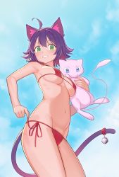 Rule 34 | 1girl, adjusting clothes, adjusting swimsuit, ahoge, animal ears, bell, bikini, blue sky, breasts, cat ears, cat tail, commentary, contrapposto, cowboy shot, creatures (company), day, english commentary, from below, from side, game freak, gen 1 pokemon, green eyes, highres, jingle bell, large breasts, legendary pokemon, looking at viewer, lowleg, lowleg bikini, mew (pokemon), milim nova, mythical pokemon, navel, nintendo, original, outdoors, parted lips, pokemon, pokemon (creature), pokemon tail, purple hair, red bikini, short hair, side-tie bikini bottom, sky, string bikini, swimsuit, tail, tail bell, tail ornament, underboob