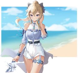 Rule 34 | 1girl, absurdres, bare shoulders, beach, belt, blonde hair, blue eyes, blue shirt, blurry, bow, breasts, cowboy shot, depth of field, detached sleeves, genshin impact, hair bow, hand up, high-waist shorts, highres, holding, holding clothes, holding footwear, jean (sea breeze dandelion) (genshin impact), jean (genshin impact), long hair, looking at viewer, medium breasts, ponytail, sandals, unworn sandals, shirt, shorts, smile, solo, steeb, thigh strap, thighs, white shorts, wrist cuffs