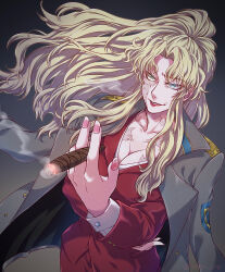 Rule 34 | 1girl, balalaika (black lagoon), black lagoon, blonde hair, breasts, cigar, cleavage, green eyes, highres, holding, holding cigar, ivory (25680nico), jacket, jacket on shoulders, large breasts, lipstick, long hair, looking at viewer, makeup, mole, mole under eye, nail polish, pink nails, ponytail, red jacket, red lips, scar, scar on chest, scar on face, smile, solo, twitter username, upper body