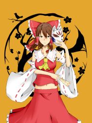 Rule 34 | 1girl, ascot, bow, breasts, brown eyes, brown hair, collarbone, detached sleeves, fox mask, frilled shirt collar, frills, groin, hair bow, hair tubes, hakurei reimu, ishimu, japanese clothes, looking at viewer, mask, unworn mask, medium breasts, miko, navel, ofuda, parted lips, red bow, red skirt, ribbon-trimmed sleeves, ribbon trim, skirt, skirt set, solo, touhou, wide sleeves