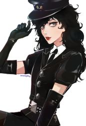 Rule 34 | 10s, 1boy, absurdres, adjusting clothes, adjusting headwear, alternate costume, amamiya ren, black gloves, black hair, crossdressing, curly hair, elbow gloves, gloves, grey eyes, hat, highres, lipstick, looking at viewer, makeup, male focus, moonjelly, necktie, persona, persona 5, persona 5: dancing star night, persona dancing, police, police hat, police uniform, red lips, smile, solo, trap, uniform