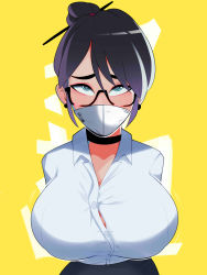 Rule 34 | 1girl, absurdres, artist request, breasts, glasses, highres, huge breasts, mask, simple background, solo