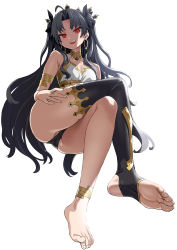 Rule 34 | 1girl, ahoge, armlet, asanagi, ass, asymmetrical legwear, bare legs, bare shoulders, barefoot, bikini, black bikini, black hair, black thighhighs, breasts, cleavage, crossed legs, crown, earrings, elbow gloves, fang, fate/grand order, fate (series), feet, fingernails, from below, full body, gloves, highres, hoop earrings, ishtar (fate), jewelry, long hair, long legs, neck ring, open mouth, parted bangs, red eyes, simple background, single elbow glove, single thighhigh, small breasts, soles, solo, stirrup legwear, swimsuit, thighhighs, thighs, toeless legwear, toenails, toes, two side up, uneven legwear, white background
