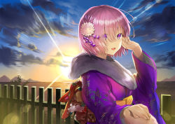 Rule 34 | 1girl, alternate costume, cloud, cloudy sky, commentary request, eyes visible through hair, fate/grand order, fate (series), fence, fingernails, floral print, flower, fur trim, hair between eyes, hair flower, hair ornament, hair over one eye, hand up, holding hands, japanese clothes, kimono, lens flare, light rays, mash kyrielight, obi, outdoors, pov, pov hands, purple eyes, purple hair, purple kimono, sage joh, sash, short hair, sky, solo, solo focus, sunlight, sunrise