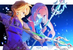 Rule 34 | 1boy, 1girl, armor, artist name, blonde hair, blue eyes, bubble, colored skin, earrings, fighting stance, fins, fish girl, fish tail, gloves, hair between eyes, head fins, holding trident, jewelry, letterboxed, link, looking at another, low ponytail, maruta maruta, mipha, monster girl, multicolored skin, neck ring, nintendo, one eye covered, pointy ears, polearm, red hair, red skin, short ponytail, shoulder armor, sidelocks, smile, tail, the legend of zelda, the legend of zelda: breath of the wild, trident, two-tone skin, upper body, weapon, white skin, yellow eyes, zora