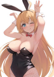 Rule 34 | 1girl, :q, animal ears, armpits, arms up, black leotard, blonde hair, blue eyes, blush, bow, bowtie, breasts, cleavage, collar, covered navel, cowboy shot, detached collar, fake animal ears, fishnet pantyhose, fishnets, hair between eyes, highres, kimblee, large breasts, leotard, long hair, looking at viewer, one eye closed, pantyhose, pecorine (princess connect!), playboy bunny, princess connect!, rabbit ears, red bow, red bowtie, sidelocks, simple background, solo, standing, tongue, tongue out, white background, white collar, wrist cuffs