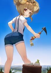 Rule 34 | 1girl, :d, absurdres, alternate costume, ass, basket, bell, blue sky, blunt bangs, blurry, bow-shaped hair, braid, brown eyes, brown hair, casual, commentary request, contemporary, depth of field, from behind, genshin impact, hair bell, hair ornament, highres, holding, holding scythe, leaning forward, long hair, looking at viewer, mountainous horizon, n3moni, open mouth, radish, scythe, short shorts, short sleeves, shorts, sidelocks, sky, smile, solo, suspender shorts, suspenders, yaoyao (genshin impact)
