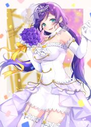 Rule 34 | 1girl, aqua eyes, azuma (no488888), blush, bouquet, breasts, dress, elbow gloves, flower, garter straps, gloves, holding hands, highres, long hair, looking at viewer, love live!, love live! school idol project, low twintails, medium breasts, open mouth, purple flower, purple hair, smile, solo focus, tojo nozomi, twintails, white dress, white gloves, white legwear