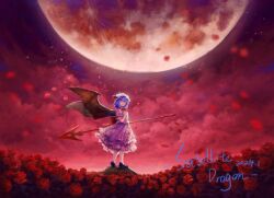 Rule 34 | 1girl, artist name, back bow, bat wings, black footwear, blue hair, bow, chinese commentary, closed mouth, commentary request, dated, dress, falling petals, field, flower, flower field, frilled dress, frilled sleeves, frills, full body, full moon, hat, hat ribbon, highres, holding, holding flower, holding polearm, holding weapon, huge moon, looking at viewer, mary janes, mob cap, moon, outdoors, petals, pink dress, polearm, puffy short sleeves, puffy sleeves, red bow, red eyes, red flower, red moon, red ribbon, red rose, red sky, remilia scarlet, ribbon, rock, rose, rose petals, satellitedragon, shoes, short hair, short sleeves, signature, sky, smile, solo, spear, spear the gungnir, standing, star (sky), touhou, weapon, white headwear, wide shot, wings