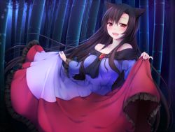 Rule 34 | 1girl, animal ears, bad id, bad pixiv id, bamboo, bamboo forest, bare shoulders, blush, breasts, brooch, brown hair, curtsey, dress, forest, imaizumi kagerou, jewelry, large breasts, long hair, long sleeves, nature, nnyara, open mouth, red eyes, smile, solo, touhou, very long hair, wolf ears