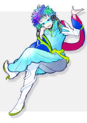 Rule 34 | 1other, androgynous, biseibutu, blue eyes, blue hair, facepaint, facial mark, feathers, forehead mark, gnosia, green eyes, green hair, headphones, highres, long hair, long sleeves, looking at viewer, makeup, multicolored hair, other focus, raqio, simple background, solo, tattoo, upper body, white footwear