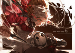 Rule 34 | 1girl, 1other, animal ears, arknights, artist name, attack, commentary request, dual wielding, grey hair, grey shirt, highres, holding, holding knife, holding weapon, jacket, knife, mask, projekt red (arknights), red jacket, reunion soldier (arknights), shirt, tollrin-senpai, weapon, wolf ears, yellow eyes