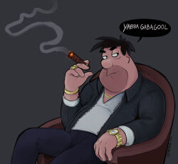 Rule 34 | 1boy, beard stubble, black hair, black jacket, chair, cigar, dark blue pants, english text, facial hair, fred flintstone, grey background, holding, holding cigar, jacket, jewelry, looking to the side, on chair, open clothes, open jacket, ring, shadman, shirt, short hair, simple background, sitting, solo, speech bubble, stubble, the flintstones, watch, white shirt, wristwatch