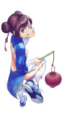 Rule 34 | 1girl, absurdres, blue eyes, blue footwear, brown hair, china dress, chinese clothes, double bun, dress, from side, full body, hair bun, highres, holding, open mouth, original, over-kneehighs, simple background, socks, solo, thighhighs, v, white background, white socks, zhongye yu