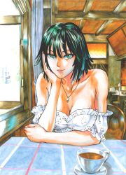 Rule 34 | 1girl, absurdres, bare shoulders, breasts, cafe, chair, cleavage, closed mouth, collarbone, commentary, cup, elbow on table, english commentary, fetch, frilled shirt, frills, fubuki (one-punch man), green eyes, green hair, head rest, highres, indoors, jewelry, jigme tenzin wangchuk, large breasts, looking at viewer, marker (medium), medium hair, necklace, off-shoulder shirt, off shoulder, one-punch man, pendant, pov across table, saucer, shirt, short sleeves, smile, solo, strapless, strapless shirt, table, tablecloth, teacup, traditional media, upper body, window