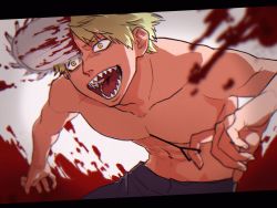 Rule 34 | 1boy, abs, black pants, blonde hair, blood, bloody weapon, chainsaw man, denji (chainsaw man), drgryu750, excited, highres, hybrid, looking ahead, no shirt, open mouth, pants, pulling, sharp teeth, simple background, solo, teeth, tongue, topless male, weapon, white background, yellow eyes