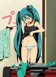 Rule 34 | 1girl, aqua eyes, aqua hair, blush, clothes pull, hatsune miku, long hair, murata isshin, navel, open mouth, panties, pinching, shirt pull, solo, striped clothes, striped panties, towel, twintails, underwear, undressing, very long hair, vocaloid, weight conscious