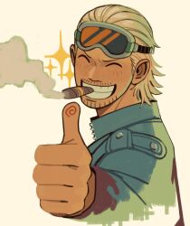 Rule 34 | 1boy, @ (symbol), blonde hair, cigar, closed eyes, facial hair, from side, goggles, goggles on head, hair slicked back, highres, jacket, jakkenpoy, male focus, mature male, one piece, paulie, short hair, simple background, smile, smoke, smoking, solo, sparkle, thumbs up, upper body, white background, white jacket
