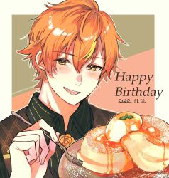 Rule 34 | 1boy, blonde hair, blush, collared shirt, commentary request, dated, flower, food, fork, hair between eyes, happy birthday, highres, holding, holding fork, kinomi 3030, male focus, multicolored hair, open mouth, orange flower, orange hair, pancake, project sekai, shinonome akito, shirt, short hair, solo, streaked hair, teeth, two-tone hair, upper body