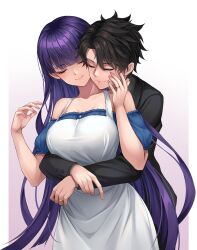 Rule 34 | 1boy, 1girl, absurdres, apron, bare shoulders, black hair, black shirt, blue dress, blush, breasts, closed eyes, collarbone, commission, dress, fate/grand order, fate (series), fujimaru ritsuka (male), highres, hug, hug from behind, ianzky, jewelry, large breasts, long hair, martha (fate), off-shoulder dress, off shoulder, purple hair, ring, second-party source, shirt, smile, very long hair, wedding ring, white apron