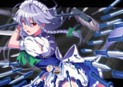 Rule 34 | 1girl, apron, between fingers, blue dress, bow, braid, cowboy shot, dress, floating, floating object, frills, green bow, green neckwear, grey hair, hair bow, hand up, highres, holding, holding knife, holding mop, izayoi sakuya, kamenozoki momomo, knife, long hair, looking at viewer, maid, maid headdress, mop, open mouth, pocket watch, puffy short sleeves, puffy sleeves, red eyes, shirt, short sleeves, solo, torn clothes, torn sleeves, touhou, twin braids, waist apron, watch, white shirt
