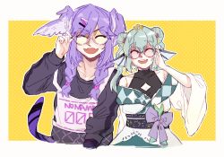Rule 34 | 2girls, ahoge, bespectacled, black sash, black sweater, blush, bow, braid, breasts, cleavage, closed eyes, clothing cutout, criangle k., double bun, dragon girl, dragon tail, fangs, finana ryugu, finana ryugu (2nd costume), fins, fish girl, flower, glasses, green hair, green skirt, hair bun, hair flower, hair ornament, hairclip, head fins, head wings, highres, japanese clothes, kimono, lanyard, large bow, long hair, looking at viewer, medium hair, multiple girls, nijisanji, nijisanji en, obi, off shoulder, official alternate costume, open mouth, pointy ears, purple bow, purple flower, purple hair, purple wings, round eyewear, sash, selen tatsuki, selen tatsuki (1st costume), skin fangs, skirt, small breasts, smile, sweater, tail, tiara, twin braids, twintails, virtual youtuber, white background, white kimono, wings, yellow background, yuri