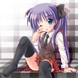 00s blue_eyes hiiragi_kagami long_hair lucky_star noritama_(gozen) one_eye_closed plaid_clothes plaid_skirt purple_hair skirt solo thighhighs tongue wink