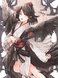 Rule 34 | 1girl, bird wings, black hair, black wings, commission, detached sleeves, hat, hisona (suaritesumi), japanese clothes, kimono, kourindou tengu costume, open mouth, pointy ears, pom pom (clothes), red eyes, red hat, sash, shameimaru aya, short hair, solo, tokin hat, touhou, white kimono, wide sleeves, wings