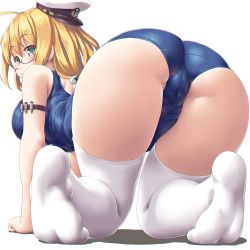 Rule 34 | 1girl, ahoge, all fours, armband, ass, bare shoulders, blonde hair, blue eyes, blush, breasts, cameltoe, cleft of venus, dd (ijigendd), from behind, glasses, hat, highres, i-8 (kancolle), kantai collection, large breasts, long hair, looking at viewer, looking back, low twintails, o3o, one-piece swimsuit, open mouth, peaked cap, red-framed eyewear, sailor hat, school swimsuit, semi-rimless eyewear, simple background, skindentation, soles, solo, swimsuit, thighhighs, twintails, under-rim eyewear, white background, white thighhighs