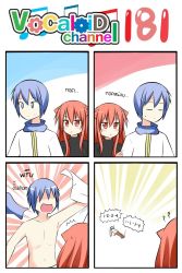 Rule 34 | 1boy, 1girl, 4koma, ?, ^^^, animal ears, blue eyes, blue hair, cat ears, catstudioinc (punepuni), clothes grab, comic, commentary request, counting, emphasis lines, exercising, following, highres, kaito (vocaloid), left-to-right manga, original, puni (miku plus), push-ups, red eyes, red hair, scarf, shaded face, sleeve grab, thai text, topless male, translation request, undressing, vocaloid