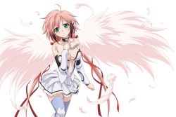 Rule 34 | 1girl, angel wings, blush, breasts, brown hair, chain, cleavage, collar, collarbone, feathers, female focus, green eyes, hair ornament, hair ribbon, ikaros, large breasts, long hair, looking at viewer, midriff, multicolored hair, open mouth, pink hair, ribbon, simple background, solo, sora no otoshimono, thighhighs, twintails, two-tone hair, watanabe yoshihiro, white background, wings, zettai ryouiki