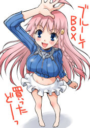 Rule 34 | 00s, 1girl, ahoge, akou roushi, bare legs, barefoot, blue eyes, blush stickers, bracelet, braid, breasts, crop top, jewelry, large breasts, long hair, midriff, miniskirt, navel, nono (top wo nerae 2!), open mouth, pink hair, ribbed sweater, skirt, smile, solo, star-shaped pupils, star (symbol), sweater, symbol-shaped pupils, top wo nerae 2!