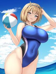 Rule 34 | 1girl, ball, beach, beachball, black one-piece swimsuit, blonde hair, blue eyes, blue one-piece swimsuit, breasts, competition swimsuit, covered navel, day, headgear, highres, impossible clothes, impossible swimsuit, kantai collection, large breasts, looking back, montemasa, ocean, one-hour drawing challenge, one-piece swimsuit, rodney (kancolle), short hair, smile, solo, swimsuit, two-tone swimsuit, water